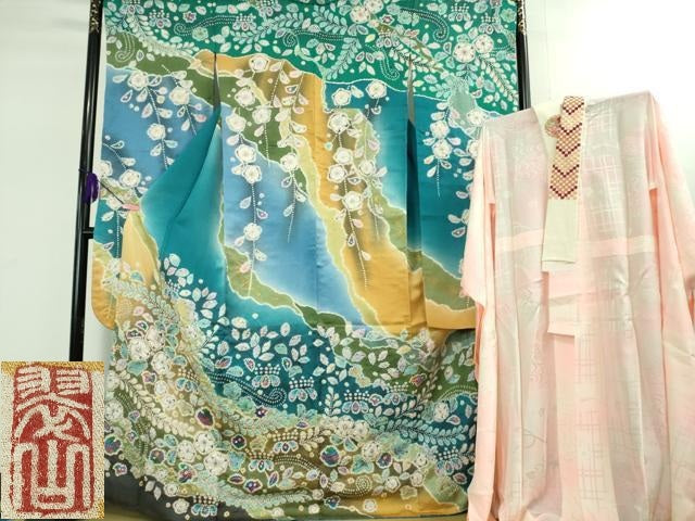 平和屋本店■極上　越後十日町の一流染匠　桐屋・翠山工房　振袖・長襦袢セット　辻が花　暈し染め　金彩　金通し地　逸品　DZAB1619kh5