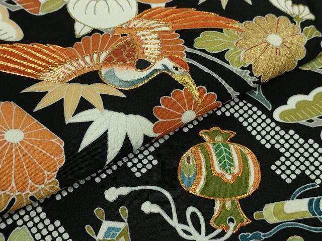 平和屋本店●極上　創業460年・千總　黒留袖　駒刺繍　宝尽くし　飛鶴吉祥花文　高島屋扱い　逸品　DZAB1621kh6