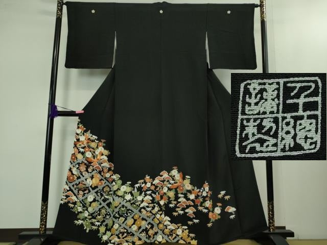 平和屋本店●極上　創業460年・千總　黒留袖　駒刺繍　宝尽くし　飛鶴吉祥花文　高島屋扱い　逸品　DZAB1621kh6