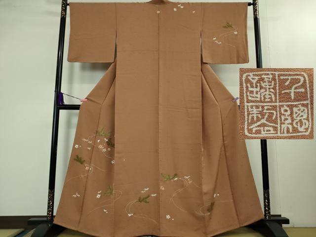 平和屋本店■極上　創業460年・千總　訪問着　刺繍　手描き　松竹梅　土器色地　金彩　逸品　DZAB1634kh5