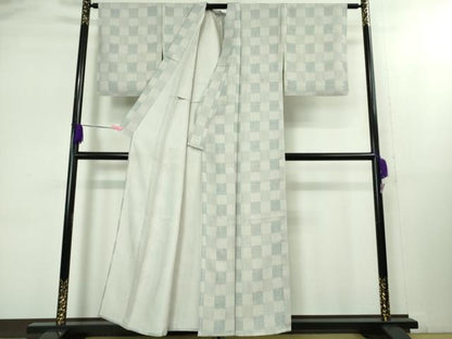 平和屋着物▽極上 ぜんまい紬 単衣 こがれこう 市松文様 反端付き 逸品 未使用 DZAB1670kh5