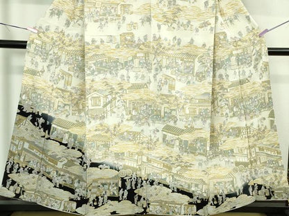 平和屋本店■極上　中国三大刺繍 スワトウ刺繍 汕頭刺繍 総刺繍　訪問着　城下町人物風景　暈し染め　金糸　鬼しぼ縮緬　逸品　DZAB1676kh5