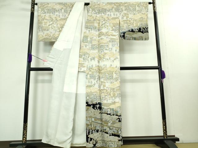 平和屋本店■極上　中国三大刺繍 スワトウ刺繍 汕頭刺繍 総刺繍　訪問着　城下町人物風景　暈し染め　金糸　鬼しぼ縮緬　逸品　DZAB1676kh5
