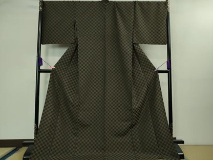 平和屋着物■極上　お召　単衣　市松文様　ロング丈　逸品　DZAB1738kh5