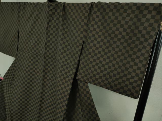 平和屋着物■極上　お召　単衣　市松文様　ロング丈　逸品　DZAB1738kh5