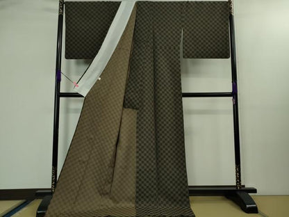 平和屋着物■極上　お召　単衣　市松文様　ロング丈　逸品　DZAB1738kh5