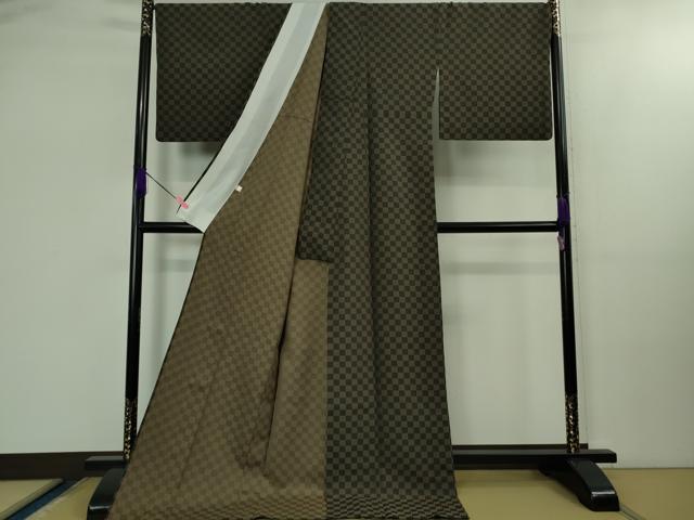 平和屋着物■極上　お召　単衣　市松文様　ロング丈　逸品　DZAB1738kh5
