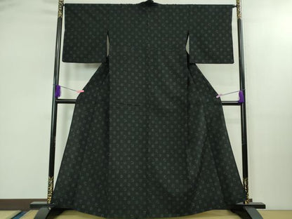 平和屋本店▽極上　青山みとも　本場結城縮　単衣　丸文　黒地　逸品　DZAB1740kh6