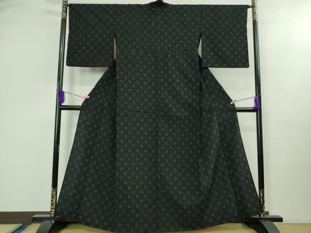 平和屋本店▽極上　青山みとも　本場結城縮　単衣　丸文　黒地　逸品　DZAB1740kh6