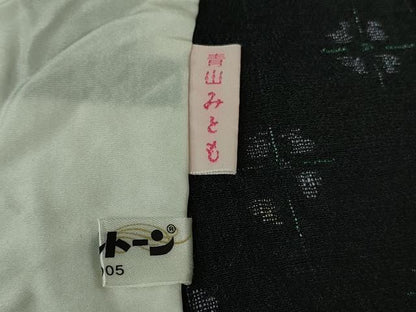 平和屋本店▽極上　青山みとも　本場結城縮　単衣　丸文　黒地　逸品　DZAB1740kh6