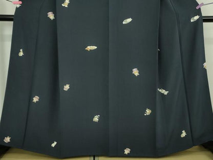 平和屋着物●極上　小紋　手描き　猫　ネコ　留紺色地　逸品　DZAB1742kh6