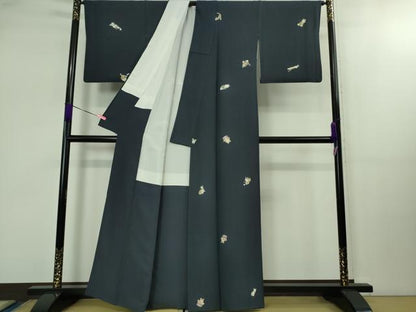 平和屋着物●極上　小紋　手描き　猫　ネコ　留紺色地　逸品　DZAB1742kh6