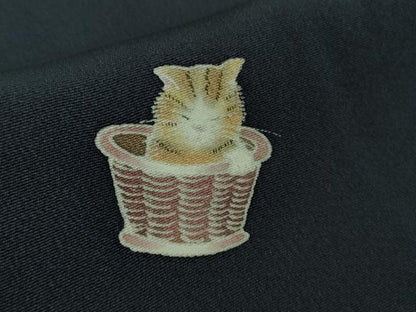 平和屋着物●極上　小紋　手描き　猫　ネコ　留紺色地　逸品　DZAB1742kh6