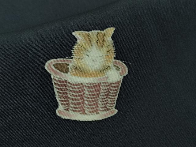 平和屋着物●極上　小紋　手描き　猫　ネコ　留紺色地　逸品　DZAB1742kh6