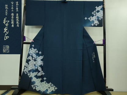 平和屋本店■極上　金彩友禅　卓越技能者・名工・和田光正　訪問着　七宝花文　留紺色地　暈し染め　銀彩　反端付き　逸品　DZAB1745kh5