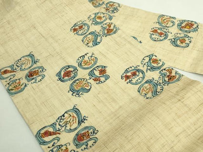 平和屋本店＊極上　夏物　型絵染作家　小島悳次郎　九寸名古屋帯　立波に貝　麻　逸品　DZAB1751kh6