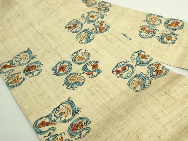 平和屋本店＊極上　夏物　型絵染作家　小島悳次郎　九寸名古屋帯　立波に貝　麻　逸品　DZAB1751kh6