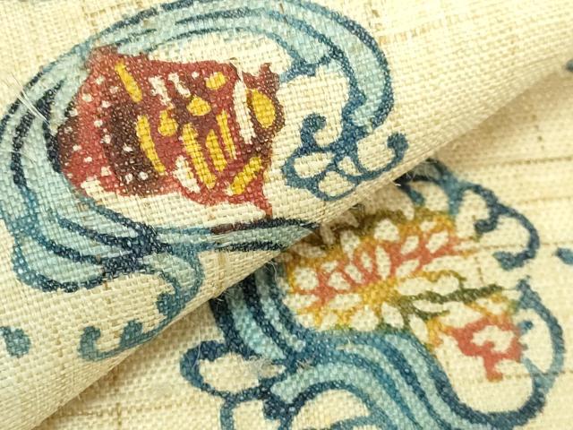 平和屋本店＊極上　夏物　型絵染作家　小島悳次郎　九寸名古屋帯　立波に貝　麻　逸品　DZAB1751kh6