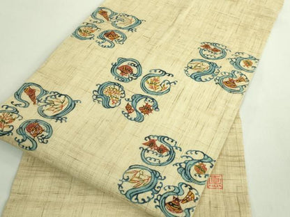 平和屋本店＊極上　夏物　型絵染作家　小島悳次郎　九寸名古屋帯　立波に貝　麻　逸品　DZAB1751kh6