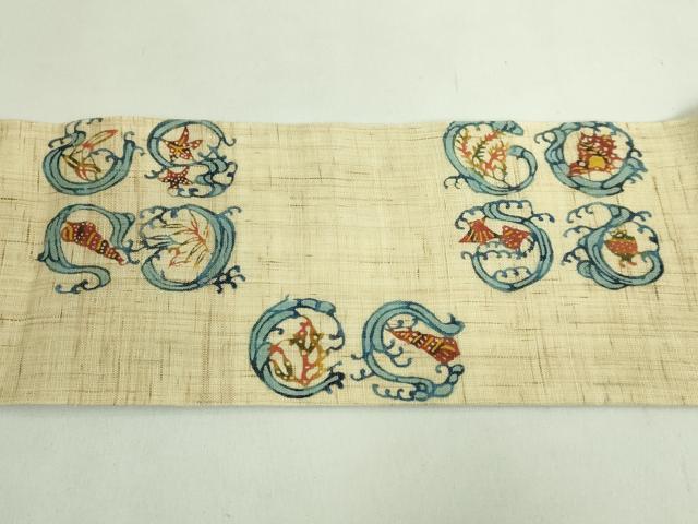 平和屋本店＊極上　夏物　型絵染作家　小島悳次郎　九寸名古屋帯　立波に貝　麻　逸品　DZAB1751kh6