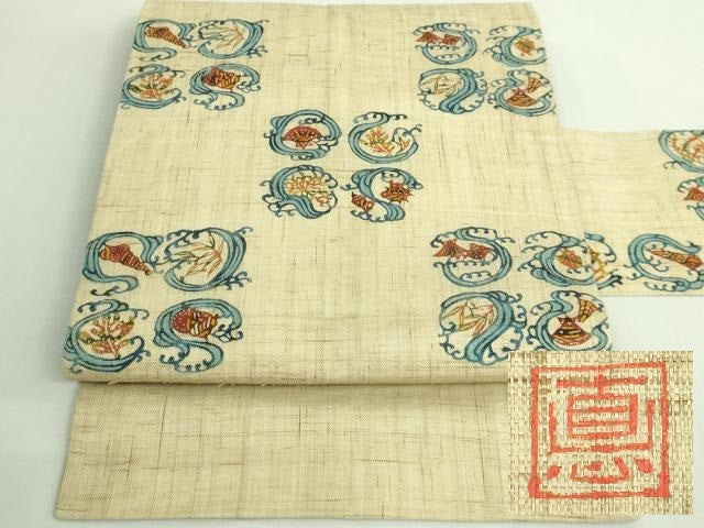 平和屋本店＊極上　夏物　型絵染作家　小島悳次郎　九寸名古屋帯　立波に貝　麻　逸品　DZAB1751kh6