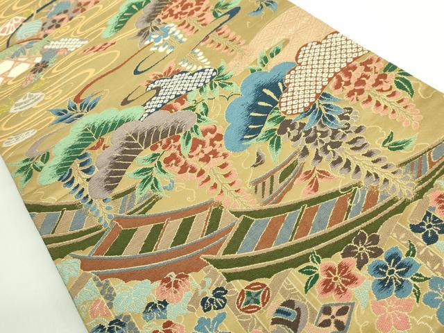 美品☆正絹　証紙あり 白綾苑大庭 七宝 箔 黒 六通 正絹 平和屋着物○極上 西陣 白綾苑大庭 六通柄袋帯 流水小袖