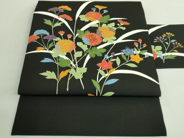 平和屋着物●極上　塩瀬　九寸名古屋帯　駒刺繍　枝花文　黒地　金糸　逸品　DZAB1783kh6
