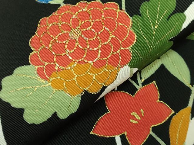 平和屋着物●極上　塩瀬　九寸名古屋帯　駒刺繍　枝花文　黒地　金糸　逸品　DZAB1783kh6