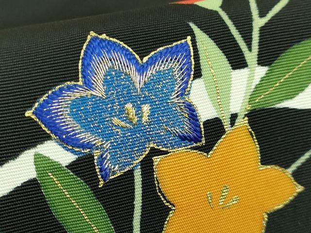 平和屋着物●極上　塩瀬　九寸名古屋帯　駒刺繍　枝花文　黒地　金糸　逸品　DZAB1783kh6