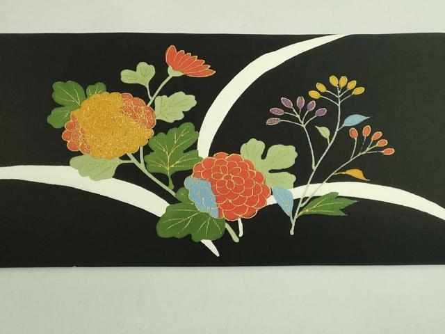平和屋着物●極上　塩瀬　九寸名古屋帯　駒刺繍　枝花文　黒地　金糸　逸品　DZAB1783kh6