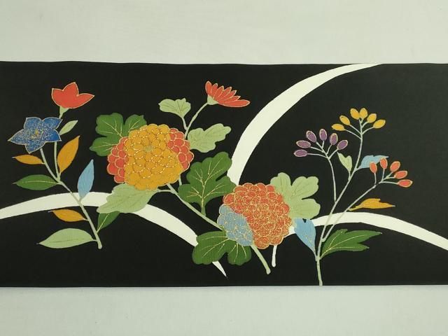 平和屋着物●極上　塩瀬　九寸名古屋帯　駒刺繍　枝花文　黒地　金糸　逸品　DZAB1783kh6