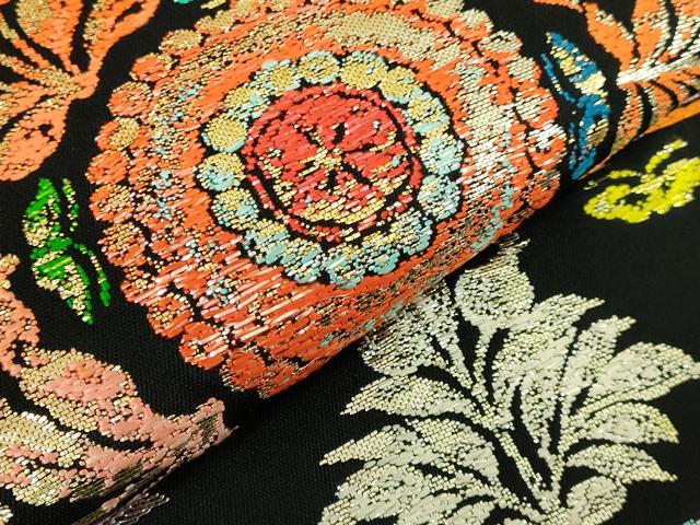 平和屋本店●最高級　龍村平蔵製　太鼓柄　本袋帯　賓草図文　黒地　金銀糸　逸品　DZAB1796kh6
