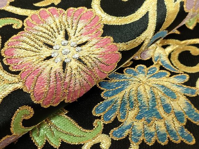 平和屋着物●極上　六通柄袋帯　唐織　琉球光輝更紗文　黒地　金糸　逸品　DZAB1801kh6 平和屋着物○極上 六通柄袋帯 唐織 琉球光輝更紗文 黒地 金糸 逸品