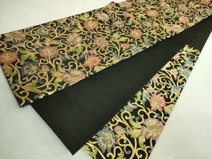 平和屋着物●極上　六通柄袋帯　唐織　琉球光輝更紗文　黒地　金糸　逸品　DZAB1801kh6