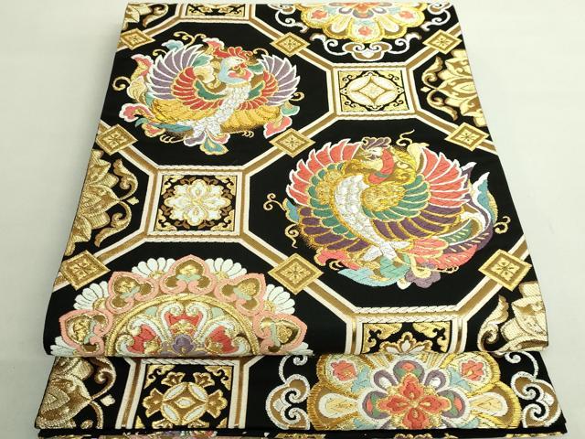 平和屋着物●極上　唐織・西陣の老舗・名門・藤原織物　六通柄袋帯　鳳凰花文　黒地　金糸　逸品　DZAB1808kh6