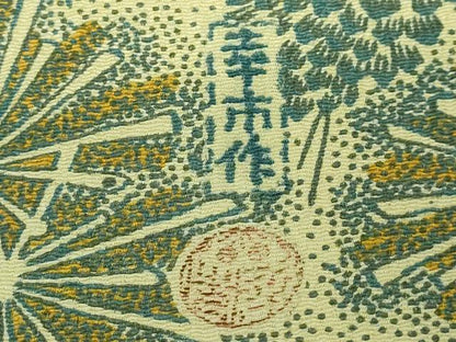 平和屋着物●希少　加賀友禅の型染　板場友禅　坂口幸市　加賀小紋　九寸開き名古屋帯　古代型染　松ぼっくり 鬼しぼ縮緬 逸品 DZAB1816kh6