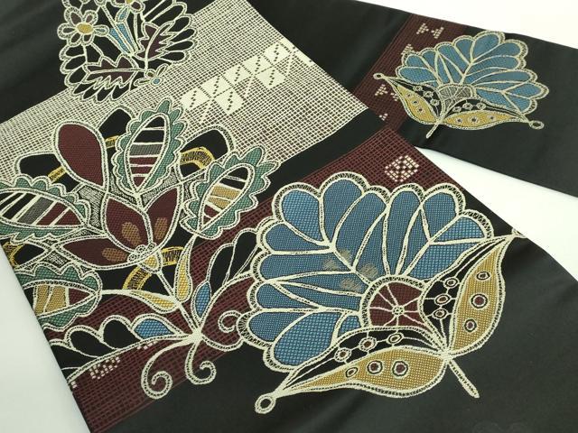 平和屋着物●極上　岡重謹製　OKAJIMA　九寸名古屋帯　横段に花更紗文様　黒地　銀糸　逸品　DZAB1817kh6