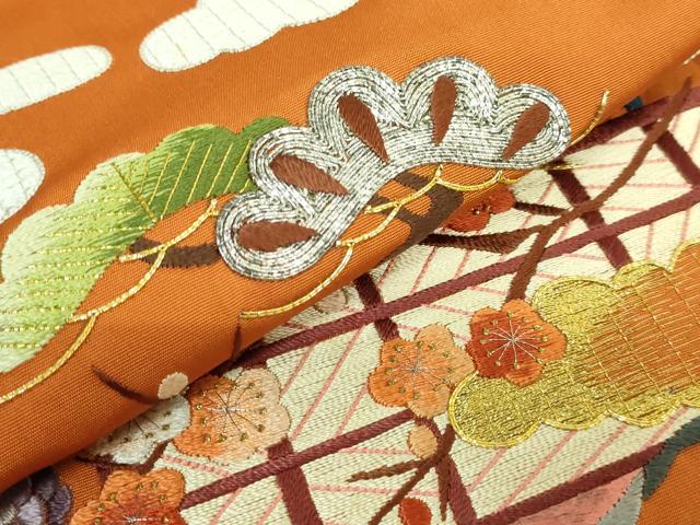 平和屋着物●極上　塩瀬　九寸名古屋帯　総刺繍　雲取り風景文　金銀糸　人参色地　逸品　DZAB1818kh6
