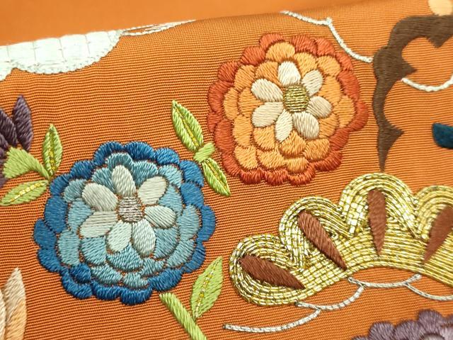 平和屋着物●極上　塩瀬　九寸名古屋帯　総刺繍　雲取り風景文　金銀糸　人参色地　逸品　DZAB1818kh6