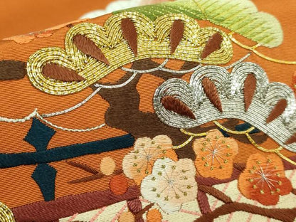 平和屋着物●極上　塩瀬　九寸名古屋帯　総刺繍　雲取り風景文　金銀糸　人参色地　逸品　DZAB1818kh6