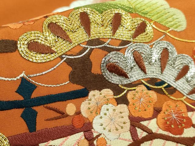 平和屋着物●極上　塩瀬　九寸名古屋帯　総刺繍　雲取り風景文　金銀糸　人参色地　逸品　DZAB1818kh6
