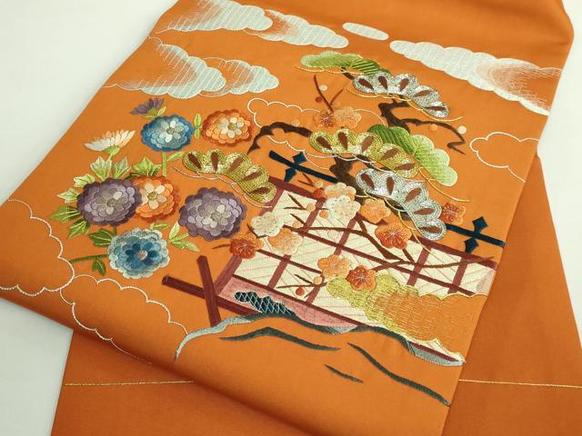 平和屋着物●極上　塩瀬　九寸名古屋帯　総刺繍　雲取り風景文　金銀糸　人参色地　逸品　DZAB1818kh6