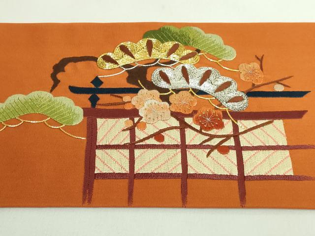 平和屋着物●極上　塩瀬　九寸名古屋帯　総刺繍　雲取り風景文　金銀糸　人参色地　逸品　DZAB1818kh6