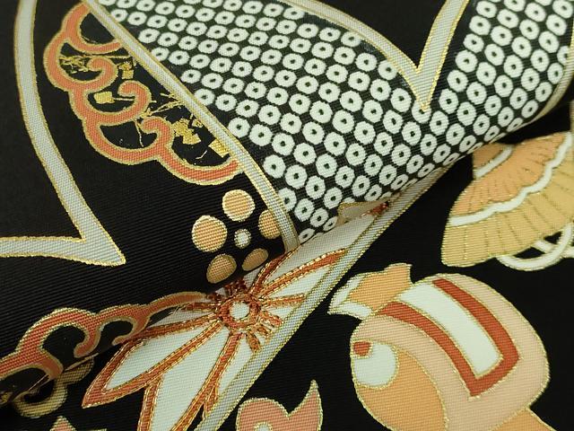 和装A8 帯　天平文様 平和屋着物○極上 塩瀬 九寸名古屋帯 駒刺繍 宝尽くし楓文 黒地