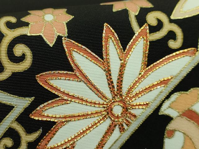 平和屋着物○極上 塩瀬 九寸名古屋帯 駒刺繍 宝尽くし楓文 黒地