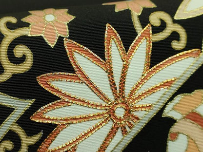 平和屋着物●極上　塩瀬　九寸名古屋帯　駒刺繍　宝尽くし楓文　黒地　金彩　逸品　DZAB1820kh6