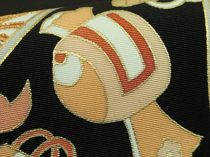 平和屋着物●極上　塩瀬　九寸名古屋帯　駒刺繍　宝尽くし楓文　黒地　金彩　逸品　DZAB1820kh6