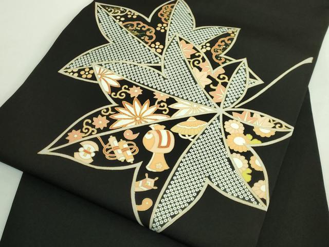 平和屋着物●極上　塩瀬　九寸名古屋帯　駒刺繍　宝尽くし楓文　黒地　金彩　逸品　DZAB1820kh6