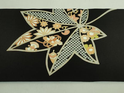 平和屋着物●極上　塩瀬　九寸名古屋帯　駒刺繍　宝尽くし楓文　黒地　金彩　逸品　DZAB1820kh6