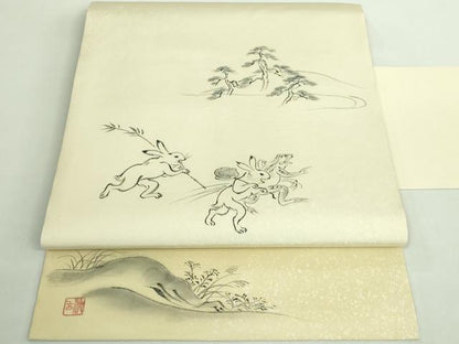 平和屋着物●極上　塩瀬　九寸名古屋帯　作家物　手描き　鳥獣戯画　逸品　DZAB1830kh6